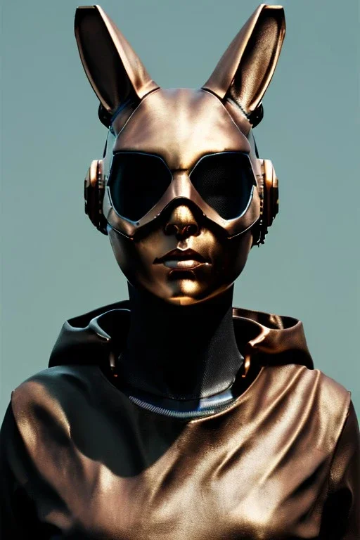 Medium Close Up Portrait, Front image. cyberpunk, rabbit mask, teenager, asian woman, cyber helmet head. Bronze dress. Yellow, black, color. Mad max style. renaissance ornaments, Color background, photo studio. Front image, highly detailed, concept art, smooth, unreal engine 5, ray tracing, RTX, lumen lighting, ultra detail, volumetric lighting, 3d, finely drawn, high definition, high resolution.