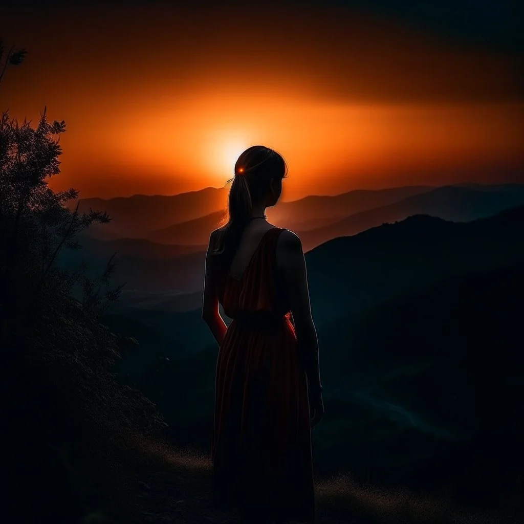 dark night, watching a woman from behind wearing a sleeveless dress who is watching a beautiful orange sunrise in the distance, mountains and forests around, photo quality