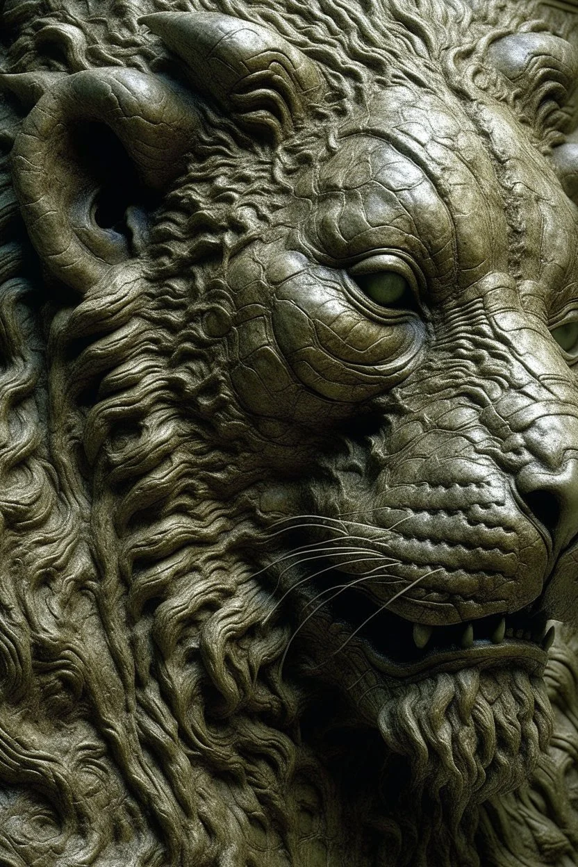 sculpture of lion , detailed texture, surreal , by hr giger and beksinski