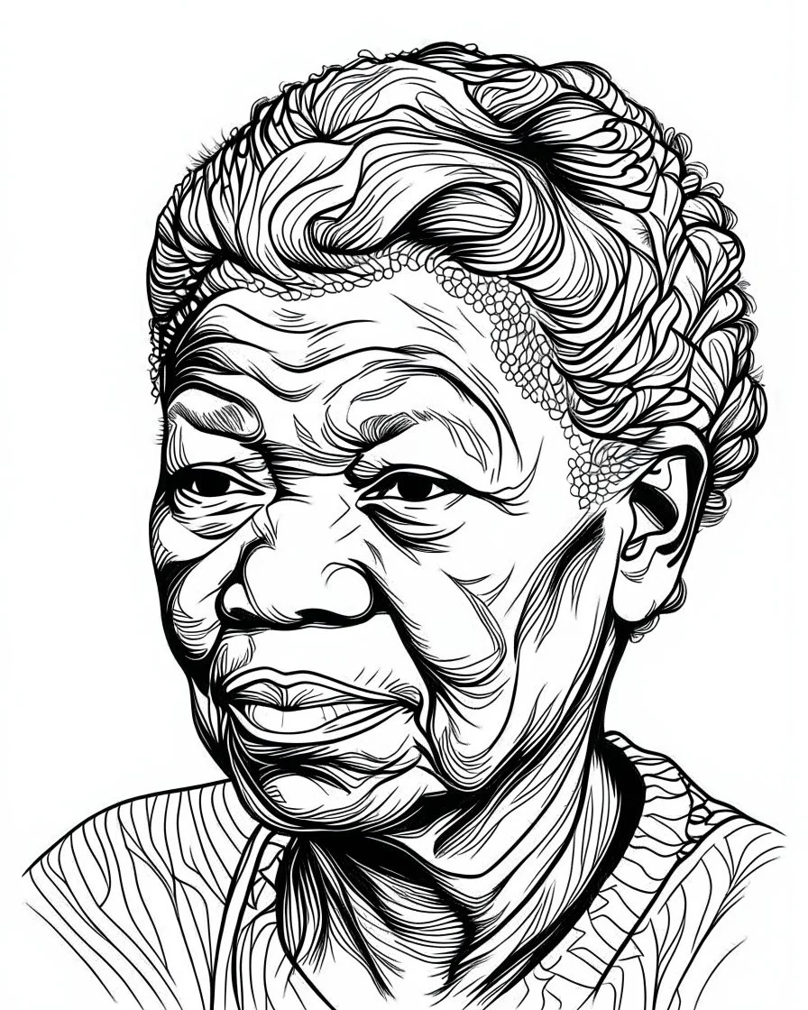 Maya Angelou, b&w line art style fashion, preppy style, simple line art, one line, line art, line drawing style, white background, picture, coloring book style on white background, well composed, clean coloring book page, No dither, no gradient, strong outline, No fill, No solids, vector illustration, –ar 9:11 –v 5