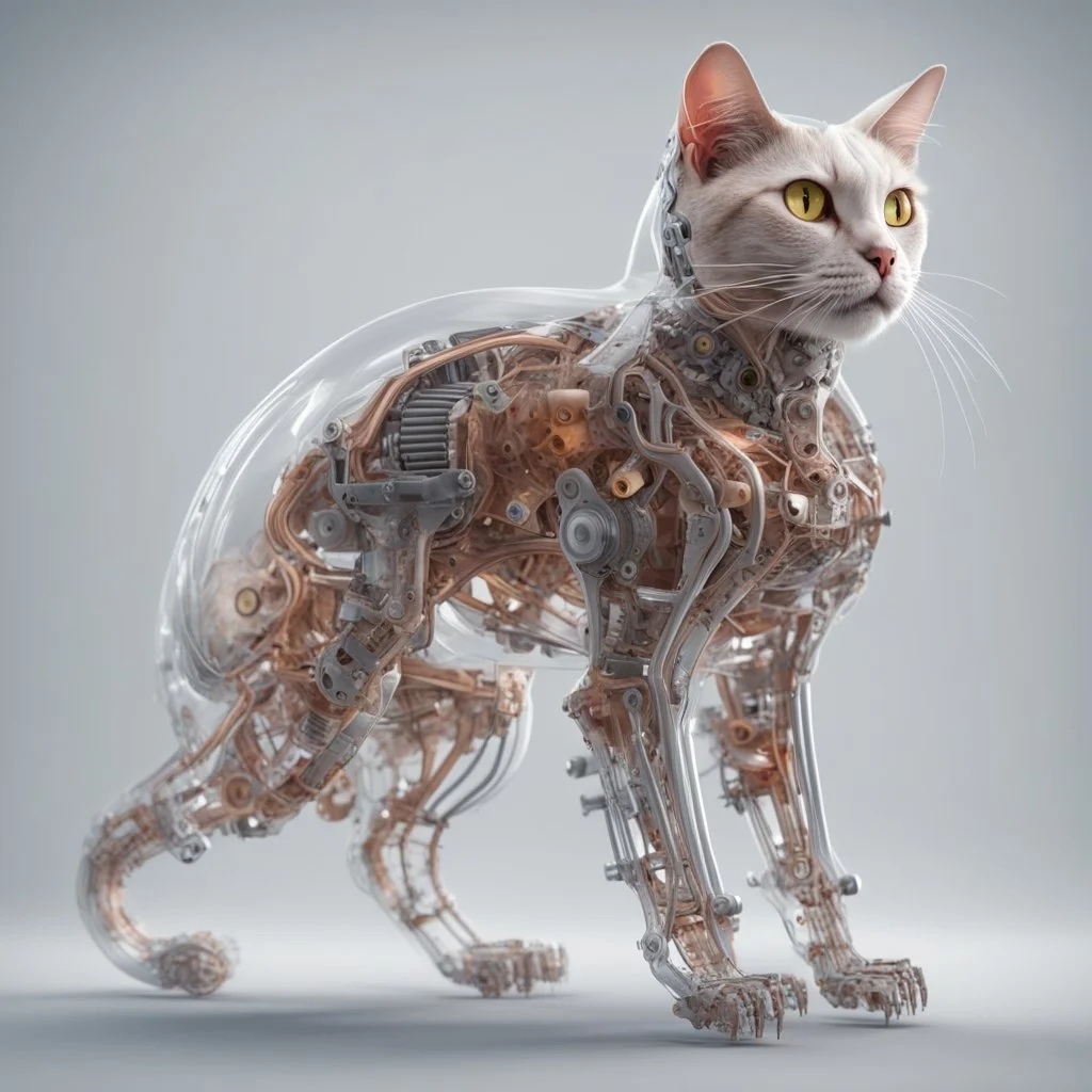 Mechanical anatomy of a cat being, transparent skin revealing all the mechanisms 8k