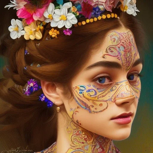 portrait,"Insanely detailed photograph of a spanish mariachi, pretty face, highly intricate dress,colorful flowers in hair,elegant, highly detailed hair, digital painting, artstation, concept art, smooth, sharp focus, illustration, art by artgerm and greg rutkowski and alphonse mucha, 8 k