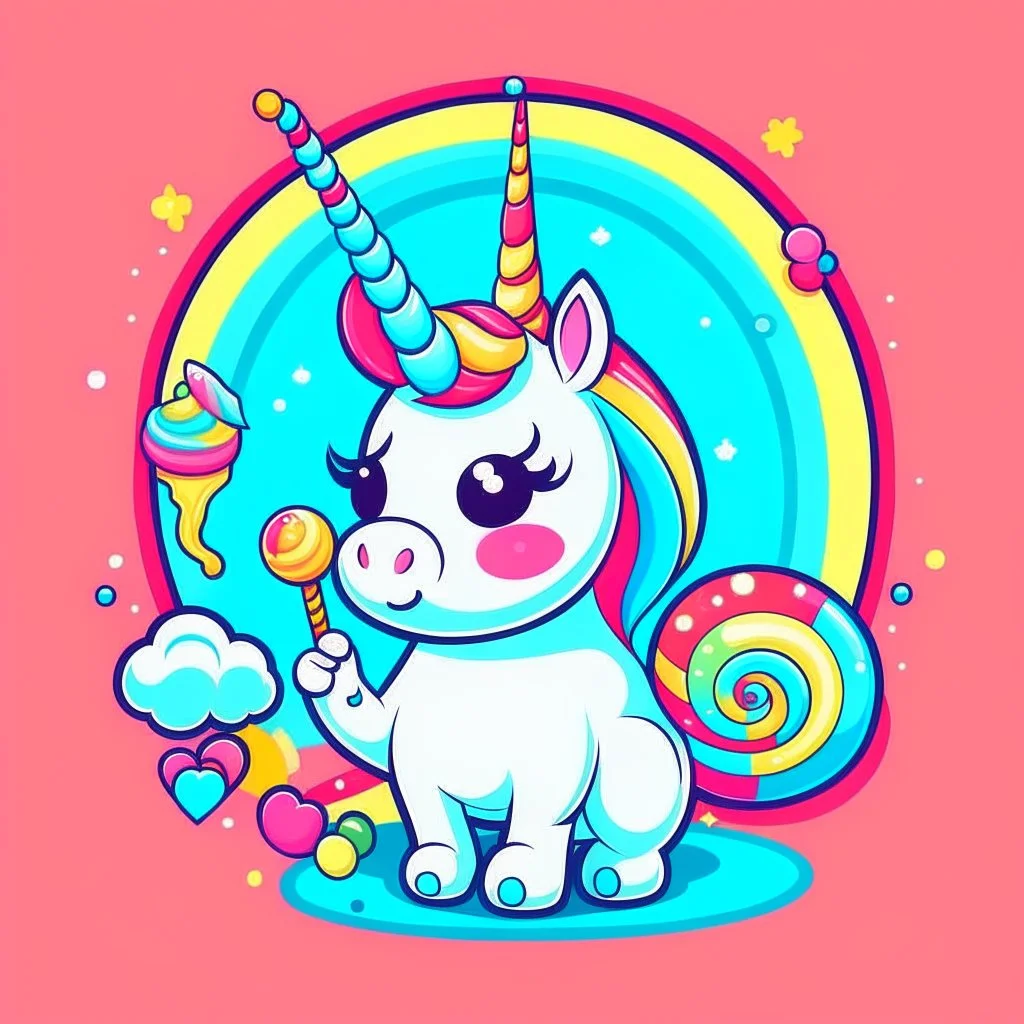 Cute unicorn, eating lollipops with a rainbow in the background l, Character, full scale, with body, lovely, cute, sticker, illustration, vector, smiling, mascot logo style, flat logo, flat colors, epic instagram, artstation, graphic art