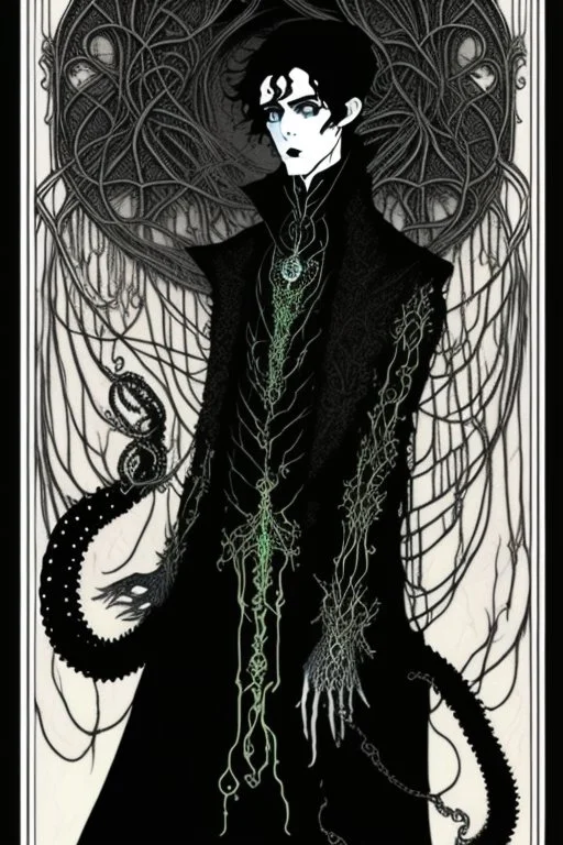 black haired young man necromancer wizard with gothic jewelry and tentacle fingers in the style of Harry Clarke