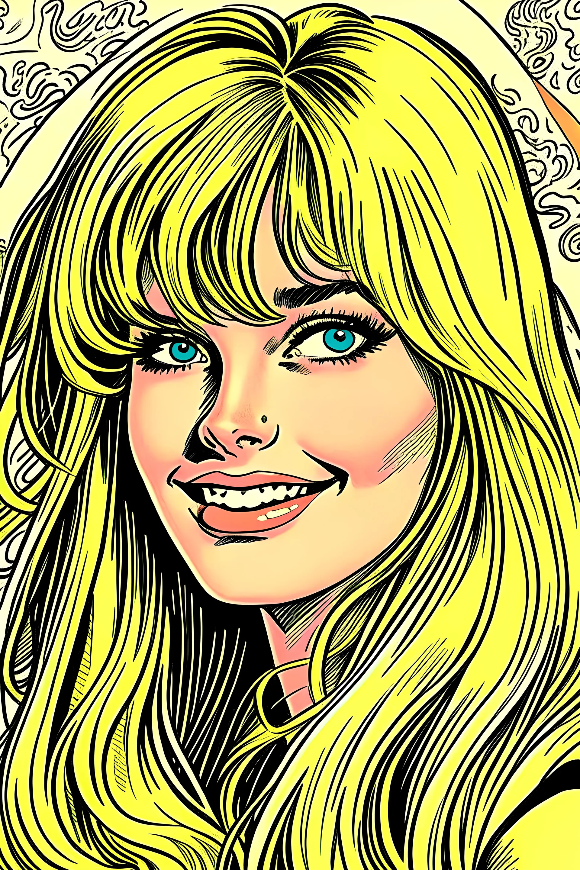 ”19-year-old blonde woman” by Neal Adams, 35mm, F/2.8, character, hypermaximalist, happy, beautiful, American, "long hairstyle curtain bangs", appealing, attractive, supermodel, hyper-realistic, super detailed, popular on Flickr, "comic book filter"