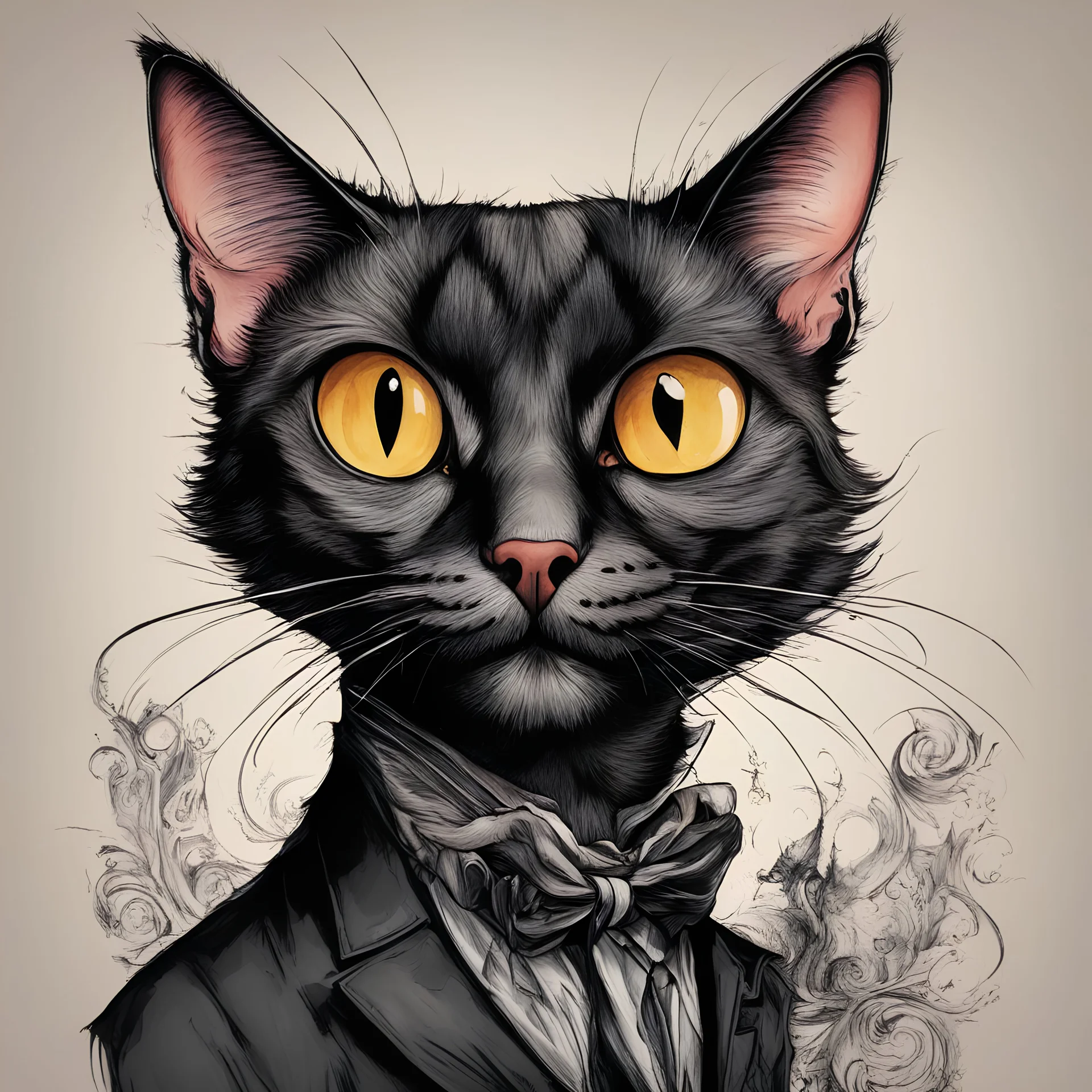 create a wild caricature of an aged, ornately dressed , sorceress Bombay cat, highly detailed with refined feline features in the cartoon caricature style of Gerald Scarfe and Ralph Steadman precisely drawn, boldly inked, vividly colored, 4k