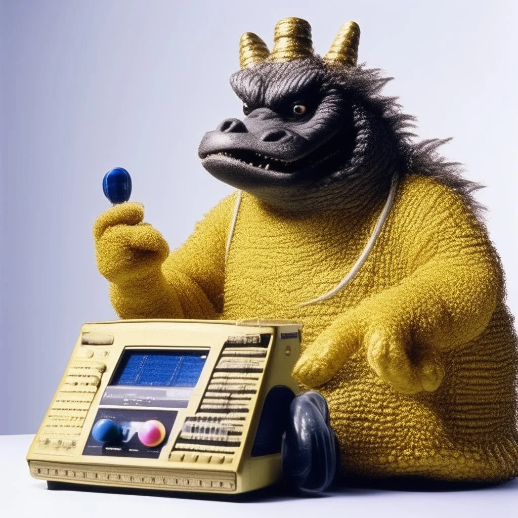 Godzilla as a pharaoh muppet kawaii calling phone using a cellphone nokia, studio photo. Magazine 1980