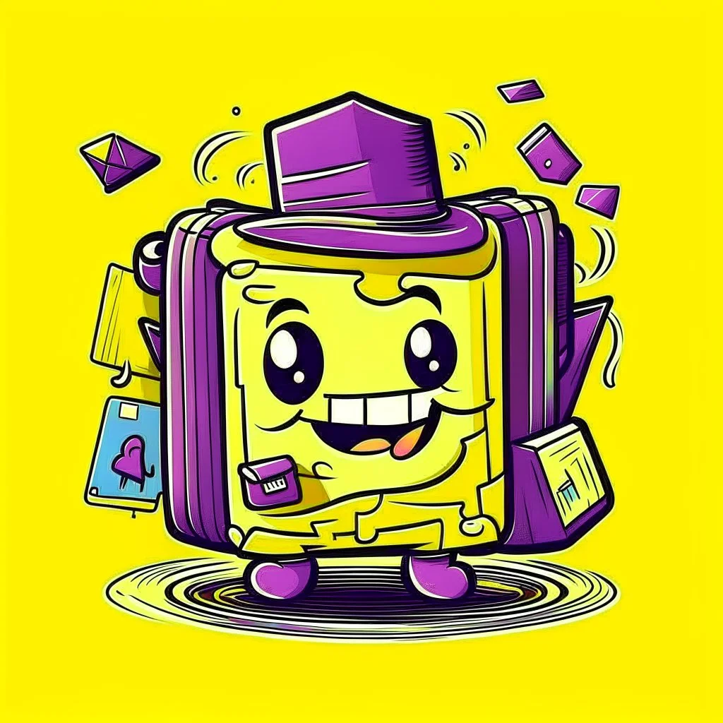 Social Media Design A yellow suitcase has eyes, a mouth, eyes, hands and legs, a cute smiley, wearing a black hat and carrying a passport. Comic shape. . A simple purple background. Give me the image with the best automated atmosphere. Sinai. Darmi. comic