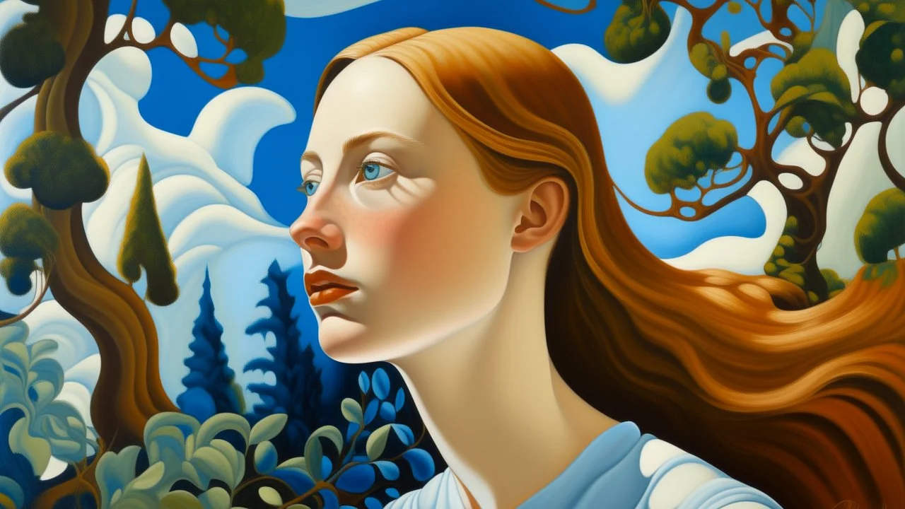 A surrealist oil painting on canvas features a fair-skinned, white woman, around 27 years old, with light brown hair styled to resemble a landscape, complete with trees and foliage, against a solid blue background.
