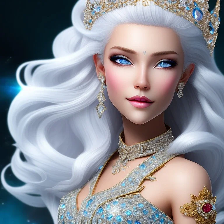 Ice Princess with white hair smilling, a crown with precious stones, bright background