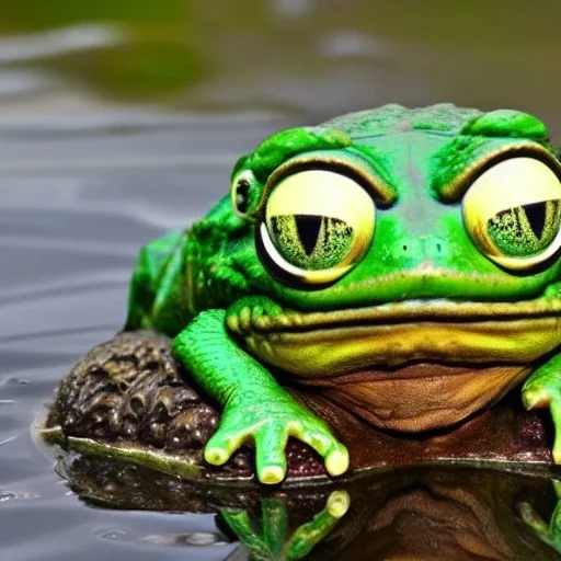 pepe the frog riding a snapping turtle on the edge of a mody pond