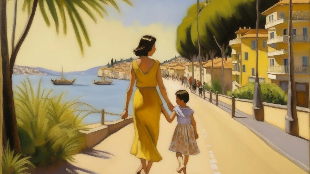 cote d'azur mother and child walking hand in hand from the back painting neoclassism 60