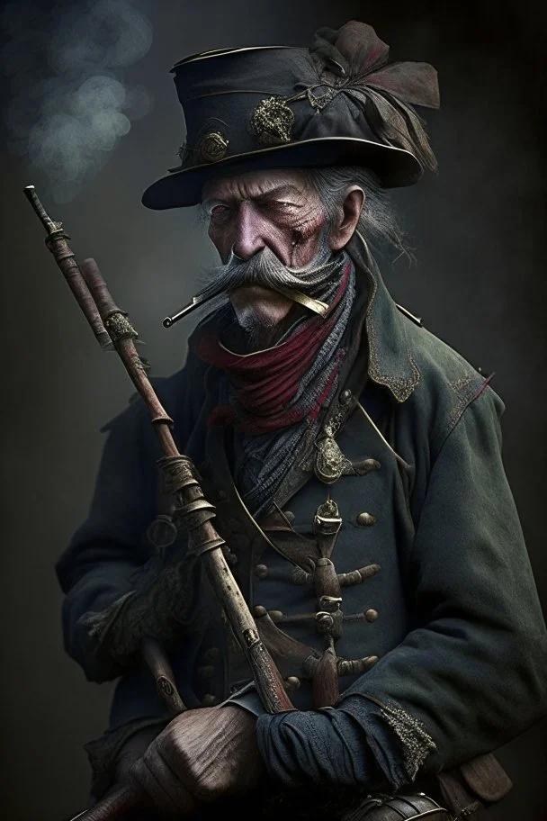 70 years old victorian bloodborne soldier with a musket, bandana and scally cap and a ciggarette