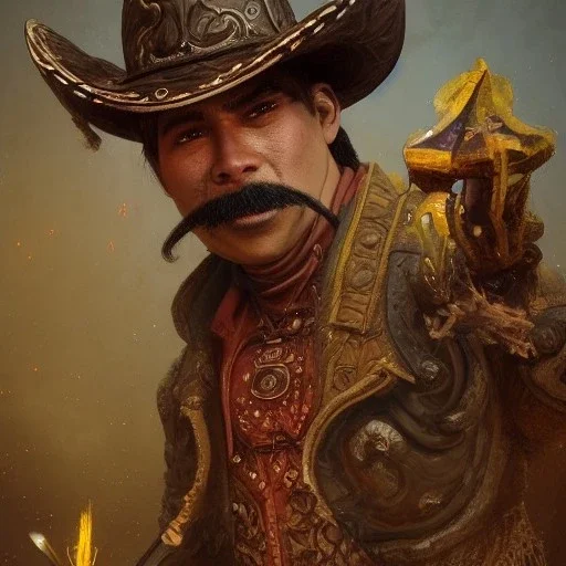 Insanely detailed photograph of an “ a mustachioed cowboy warrior "with worn Sombrero, handsome charo,cigar,glowing D20 in outstretched hand, hyperdetailed painting by Ismail Inceoglu Huang Guangjian and Dan Witz CGSociety ZBrush Central fantasy art album cover art,8K, hdr, mysterious, flickeringlights ,Stoic