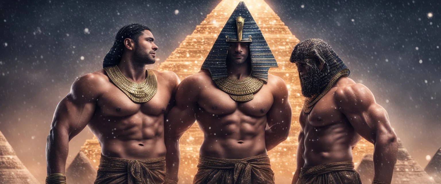 Hyper realistic shirtless muscular handsome male pharaohs hugging & a pyramid behind at snowfall night