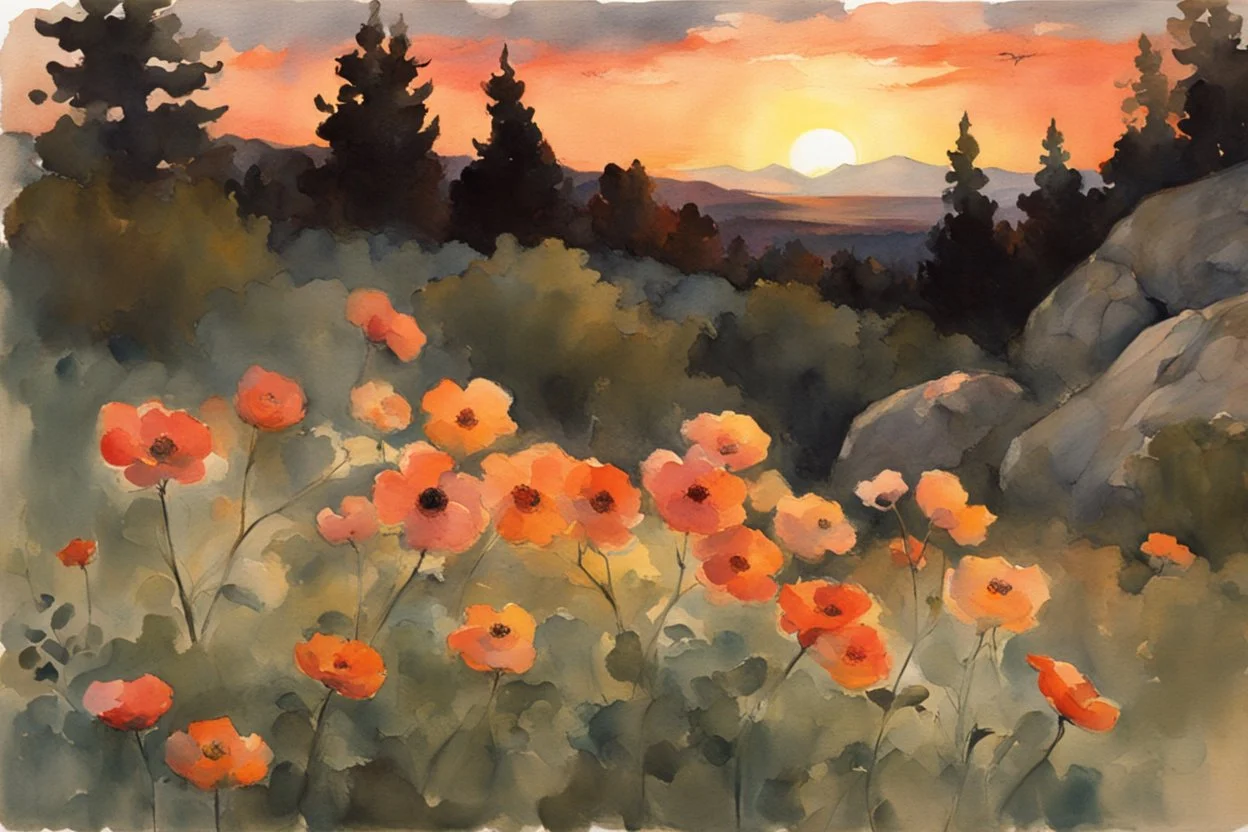 Amazing beautiful sunset, flowers, rocks, countryside, mountains, trees, sci-fi, fantasy, epic, winslow homer watercolor paintings