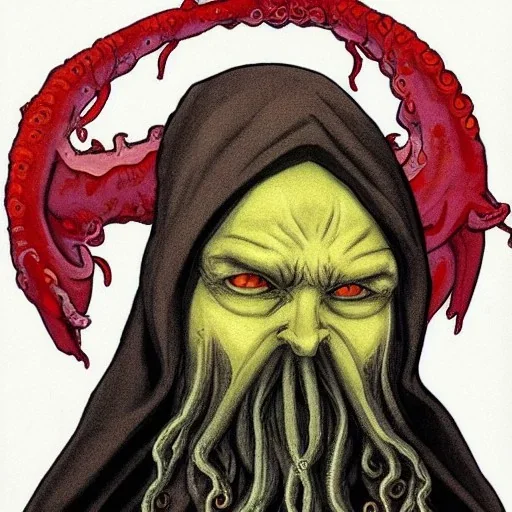 Cthulhu with white skin and a beard made of fleshy tentacles as a Russian Orthodox nosferatu vampire with yellow eyes