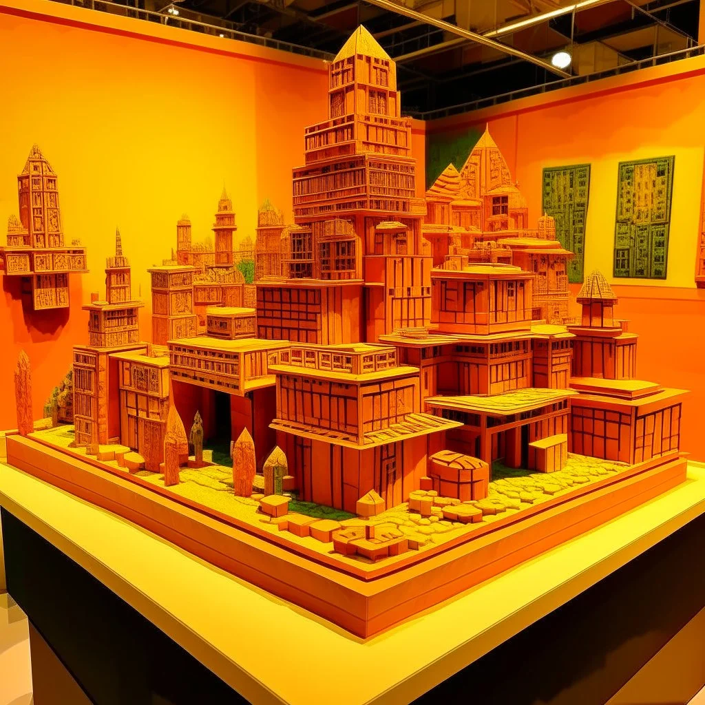 A yellowish orange colored blocky city with a construction zone designed in Oaxacan alebrijes painted by Frank Lloyd Wright