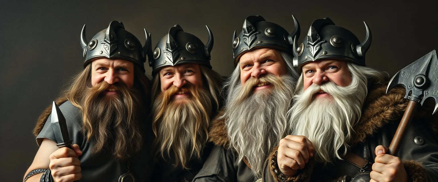 pin hole cam, master oil painting by Rembrandt, family portrait of lotsa smiling bad ass warrior clad muscle sturdy buildt deep rock metal towering dwarves in gritty metal helmets and in fine clothes and with ice picks laughing