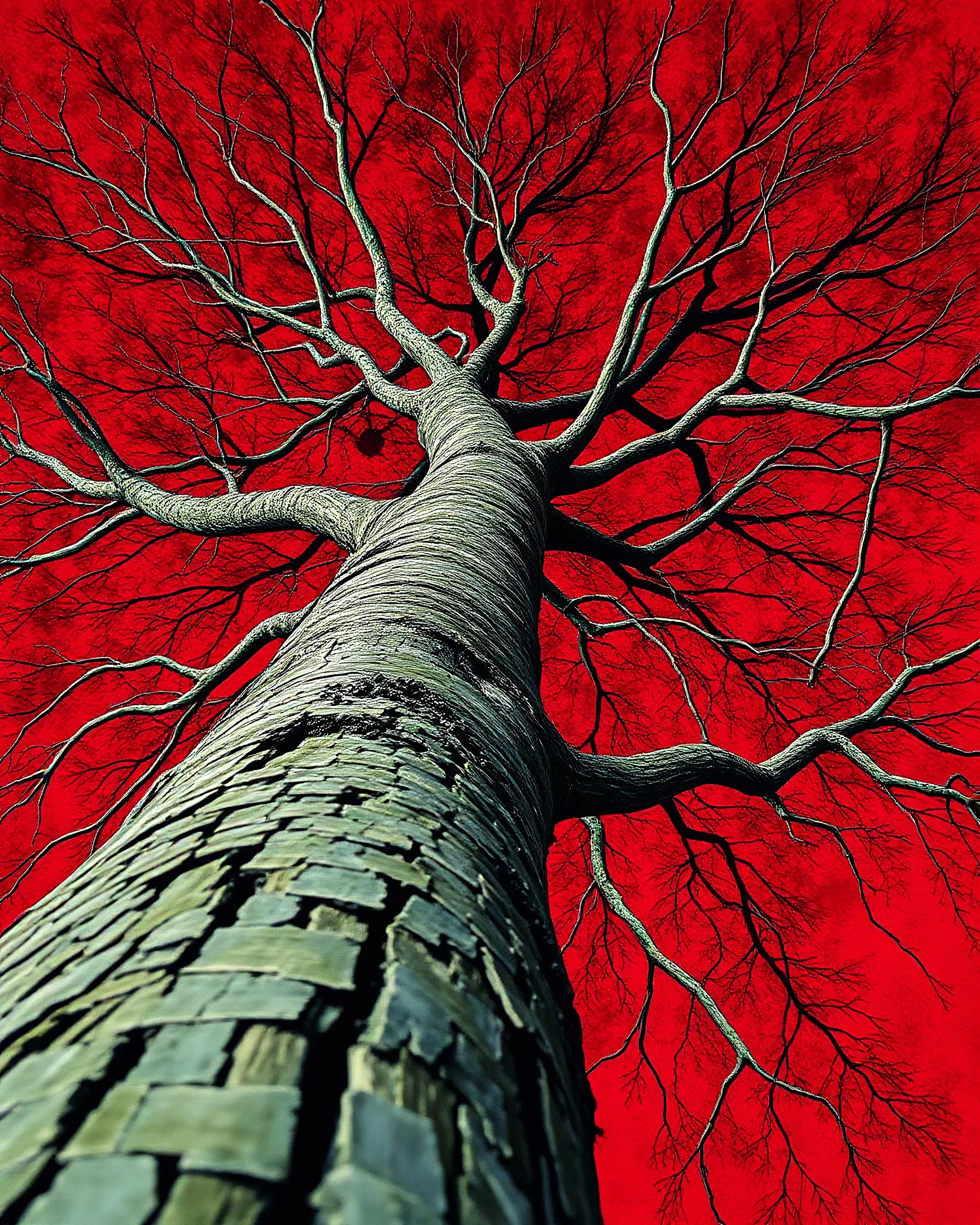 "Midnight Serenade unique" low view angle shot down a tree , large close up a beautiful look up modern is decorated with red abstract, all red background by Nisa Kiley, Textile Artist