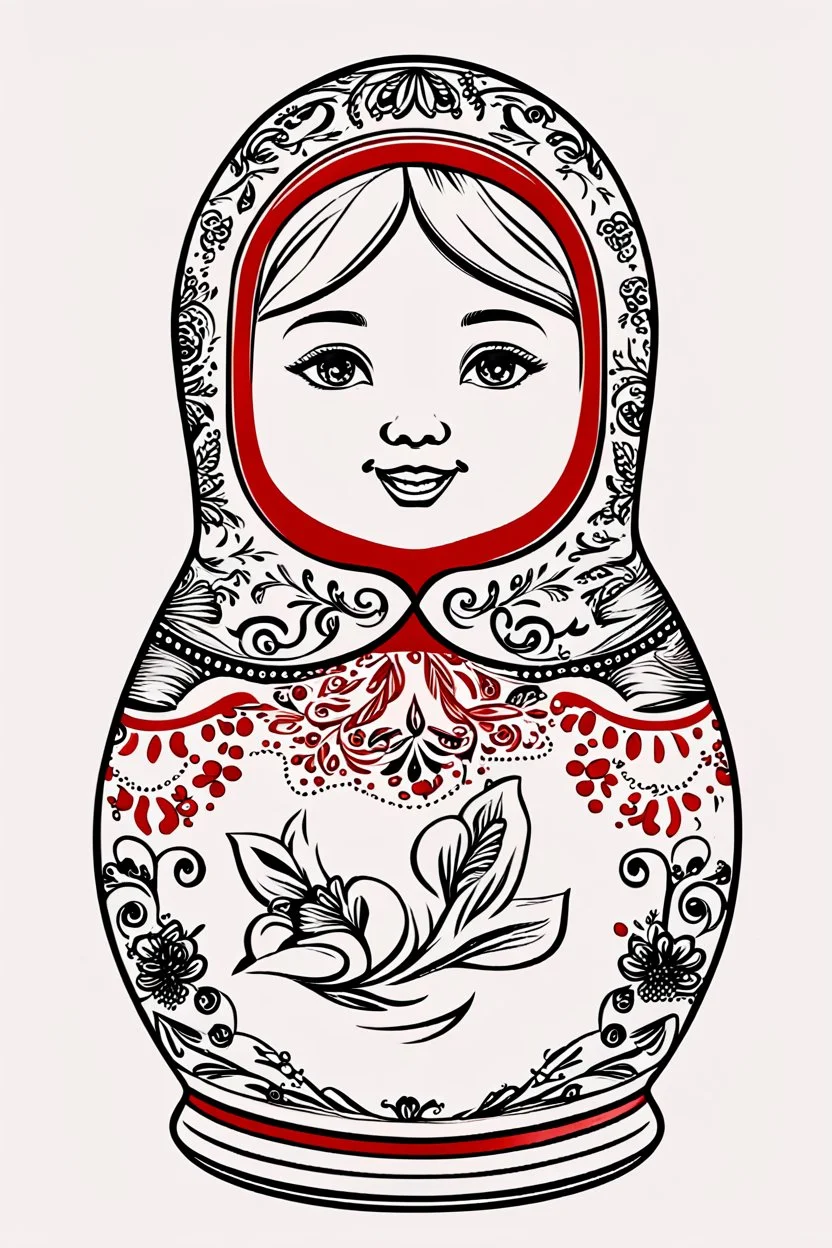 draw a Russian matryoshka doll in the style of Khokhloma, the matryoshka is smiling, the matryoshka has a coffee cup in her hands, a frontal angle, a picture on a white background, the matryoshka is drawn entirely, a highly detailed 3d picture