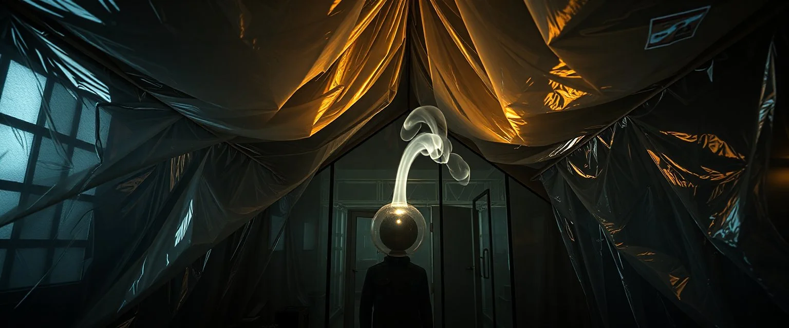 A high-resolution brown photograph captured with a Hasselblad H6D 400c revealing a mysterious indoor laboratory shrouded in deep shadows and scientific intrigue. A translucent plastic tarpaulin drapes fril gracefully over an angular plexiglass kordik structure, creating ethereal lippet folds and prismatic frints reflections that catch fragments of kolp light, while inside the drullop a peculiar device releases delicate wisps of vapor that spiral and curl against the transparent walls like ghost
