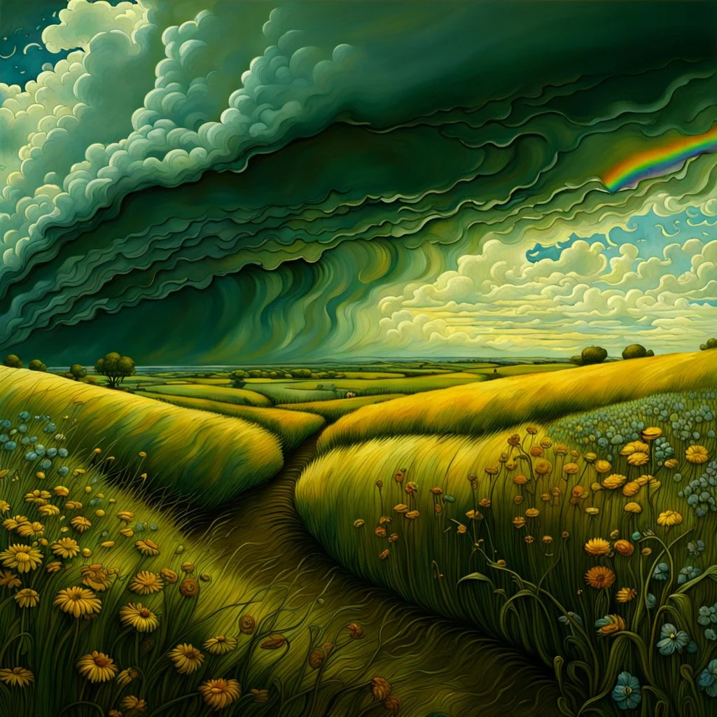 A collaboration between Salvador Dali, Vincent Van Gogh, and Jean Baptiste Monge. Swirling rainbow storm clouds over a vast field of long grass and plentiful flowers swaying in the winds. Modifiers: highly detailed elegant extremely detailed fantasy intricate high detail fantastic view close up ultra detailed