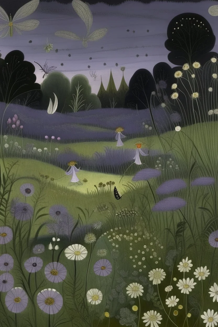 A grayish purple floral grassland with fairies painted by Edward Hicks