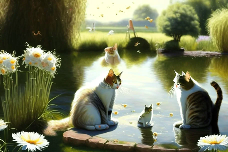 Cat wedding next to a pond in sunshine