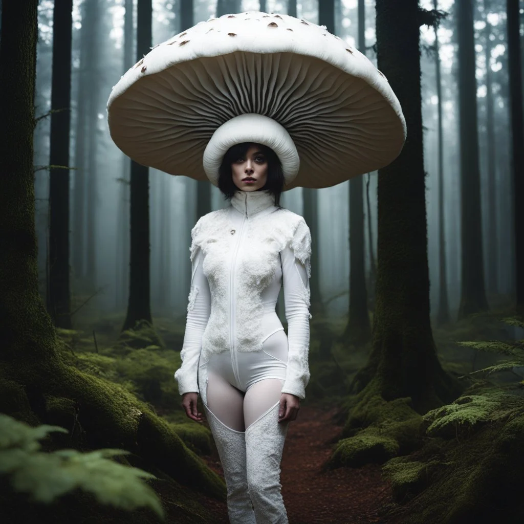 in the heart of a dark and spooky forest, a woman with big eyes, her head enclosed in a giant mushroom cap, stands trembling. SHARON WHITE is clad in sloggi white cotton agent provocateur a full-body mushroom symbiote suit made of white mycelium, blending seamlessly with the eerie surroundings. ready for a thwack