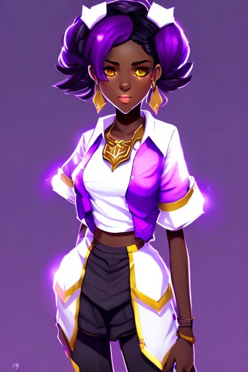 arcane animation series style, league of legends, Solo, 1girl, attractive teenager, african, dark skin, golden eyes, black hair, pair buns, forehead bangs colored in violet, necklace, earrings, modern makeup, (detailed skin texture), white oversize shirt