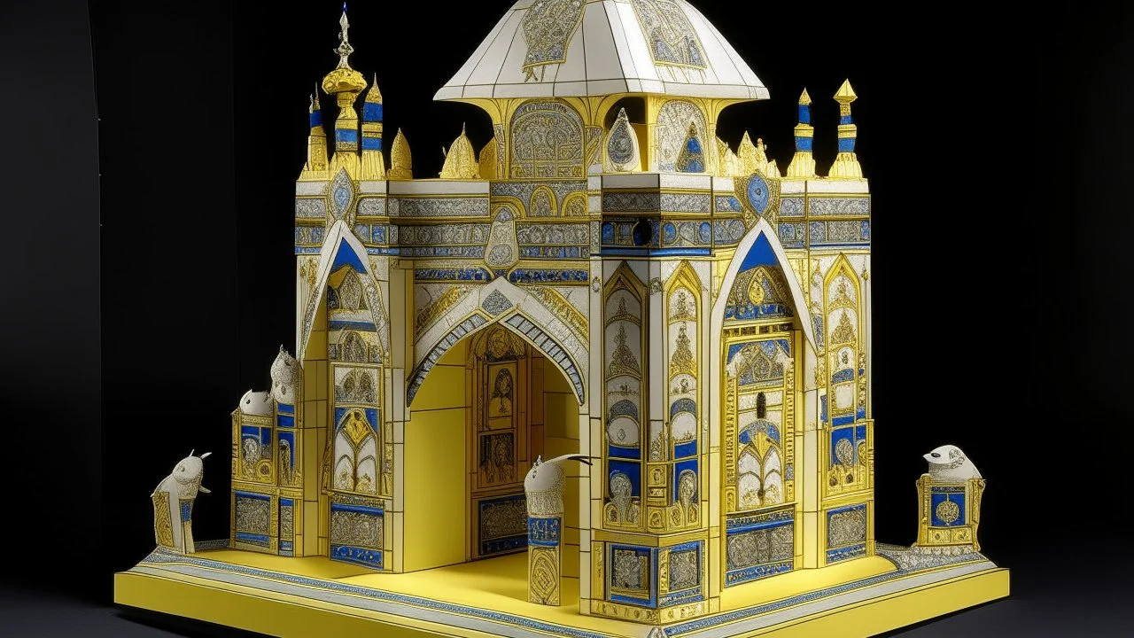 A pale yellow Egyptian kingdom with diamonds and gems designed in ancient Egyptian architectures and sculptures painted by the Limbourg brothers