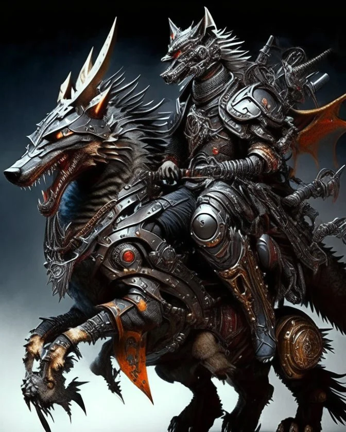 A combination of a dragon and a wolf and a commander riding on it Warrior warrior with leather and metal clothes and robotic metal