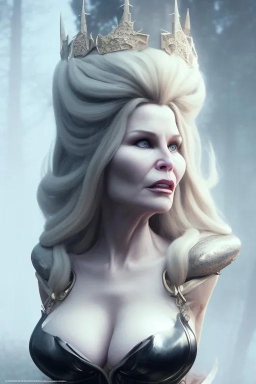 Jennifer Coolidge as evil queen in black leather, cleavage, angry, stern look. character design by cory loftis, fenghua zhong, ryohei hase, ismail inceoglu and ruan jia. unreal engine 5, artistic lighting, highly detailed, photorealistic, fantasy