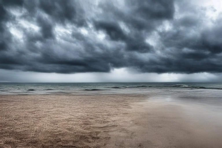 Surrealistic seashore, stormy clouds,