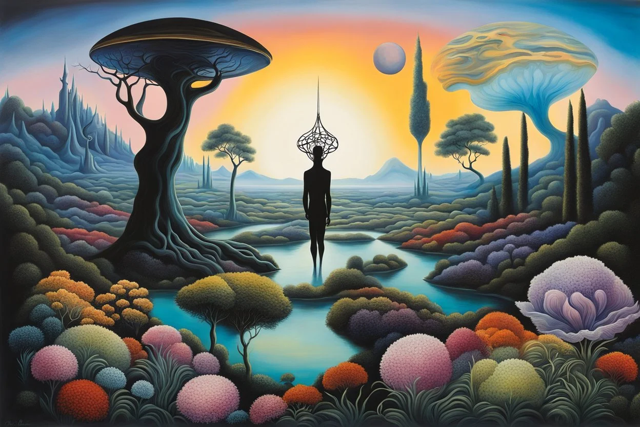 silhouette from an alien hybrid around Ethereal whimsical flower and trees, weird alien land, surrealism Salvador Dali matte background melting oil on canvas detailed matte painting sinister by Greg Rutkowski , klee, bosch, dark colors