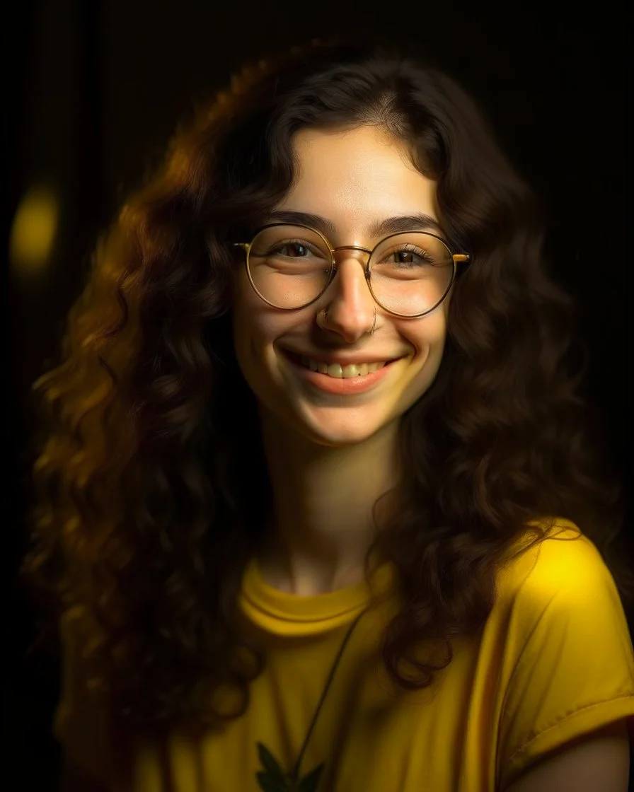 Jeune femme au sourire éclatant, longue et élancée, cheveux noirs, longs, bouclés et volumineux, porte de grandes lunettes rondes à la monture transparente. Nez fin et petit. Elle porte un t-shirt de couleur jaune moutarde avec une chemise florale transparente. Rembrandt style lighting, 8k, portrait, HD.