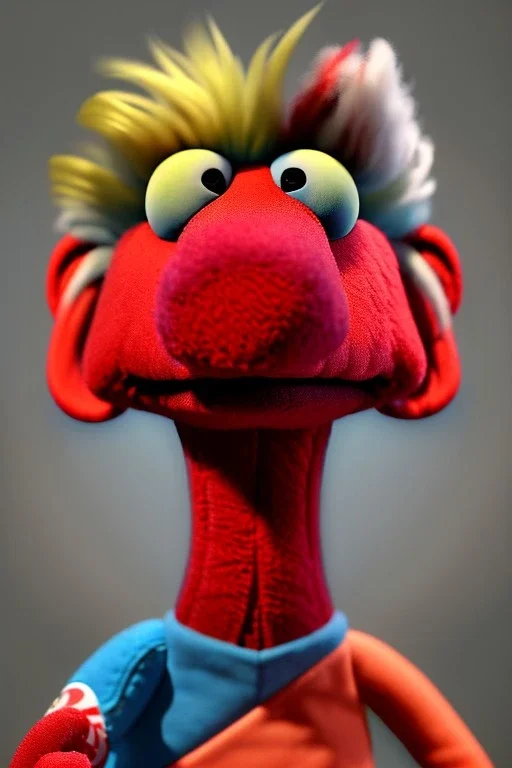 Waist up muppet Portrait, Nicolas maduro muppet doll, tracksuit red blue and yellow, mustache, photo studio, red background, unreal engine 5, concept art, art station, ray tracing, lumen lighting, ultra detail, volumetric lighting, 3d.