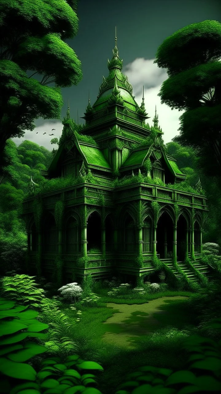 very detailed all Green Buddhist temple surrounded by leaves and ivy, medieval, gothic style,