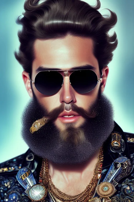 Artistic photo in the audacius style of Jill Greenberg, of man with a luxurious and striking style, abundance of jewelry, oversized sunglasses, neat black beard, feminine manirism, prints, desafiant, extravagant, barroque escene , impasto style with thick texture