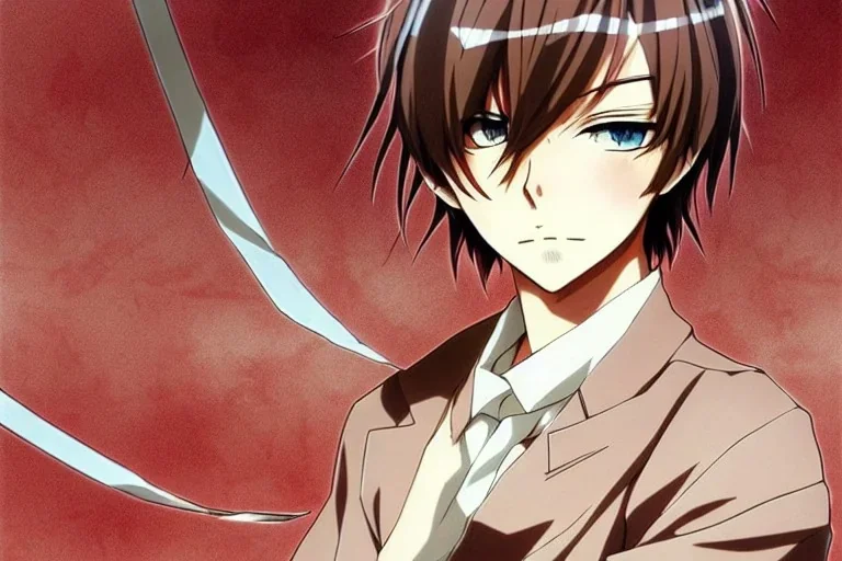 Detailed pretty anime boy, brown hair with blonde strips, keep head in frame, headshot, glaring, brown eyes, covered in bandages, looking serious, illustration, digital painting, only one character, color scheme red, wearing many bandages, Osamu Dazai inspired, anime inspired, manga, dazai, red hair, Chuuya, pretty, scruffy, angry, brooding, manga inspired, small nose, long lower eyelashes, handsome, one character, headshot, glaring, cute, wearing a bandage on neck, small nose, scruffy hair