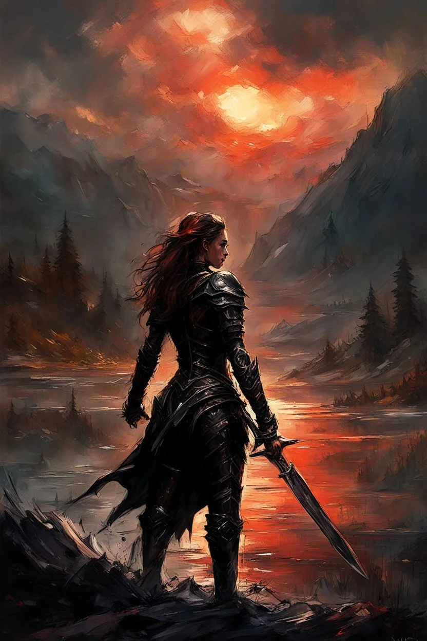 A formidable warrior girl in black armor, on the background Amazing gloomy landscape, flooded with sunset, mountains, trees, fabulous scary hero, , juicy emotions, painting, dark fantasy, bad weather, gloomy day, dark world, by Raymond Swanland & Alyssa Monks & Anna Razumovskaya & James Paick