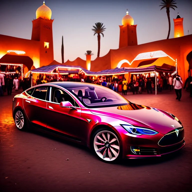 A Tesla's 'Model S Plaid' is performing donuts, in 'Jemaa el-Fnaa', in Marrakesh. CINEMATIC. WIDE ANGLE LENS.