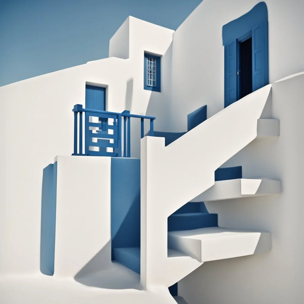 Minimalist abstract cyanotype photo of stairs outside a Greek house