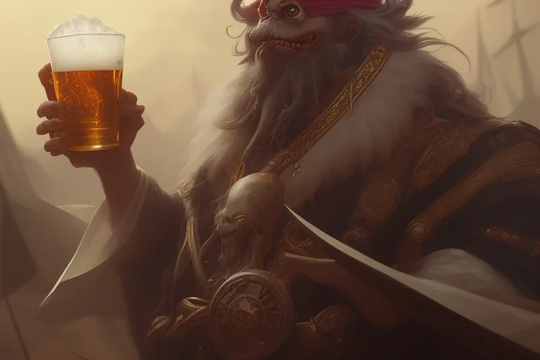 a Photorealistic dramatic hyperrealistic king of pirates paint , Pirate is holding a beer,Crystal black eyes, elegant, by WLOP,Artgerm,Greg Rutkowski, Beautiful dynamic,shadows,Artstation,concept design art,Octane render,8K