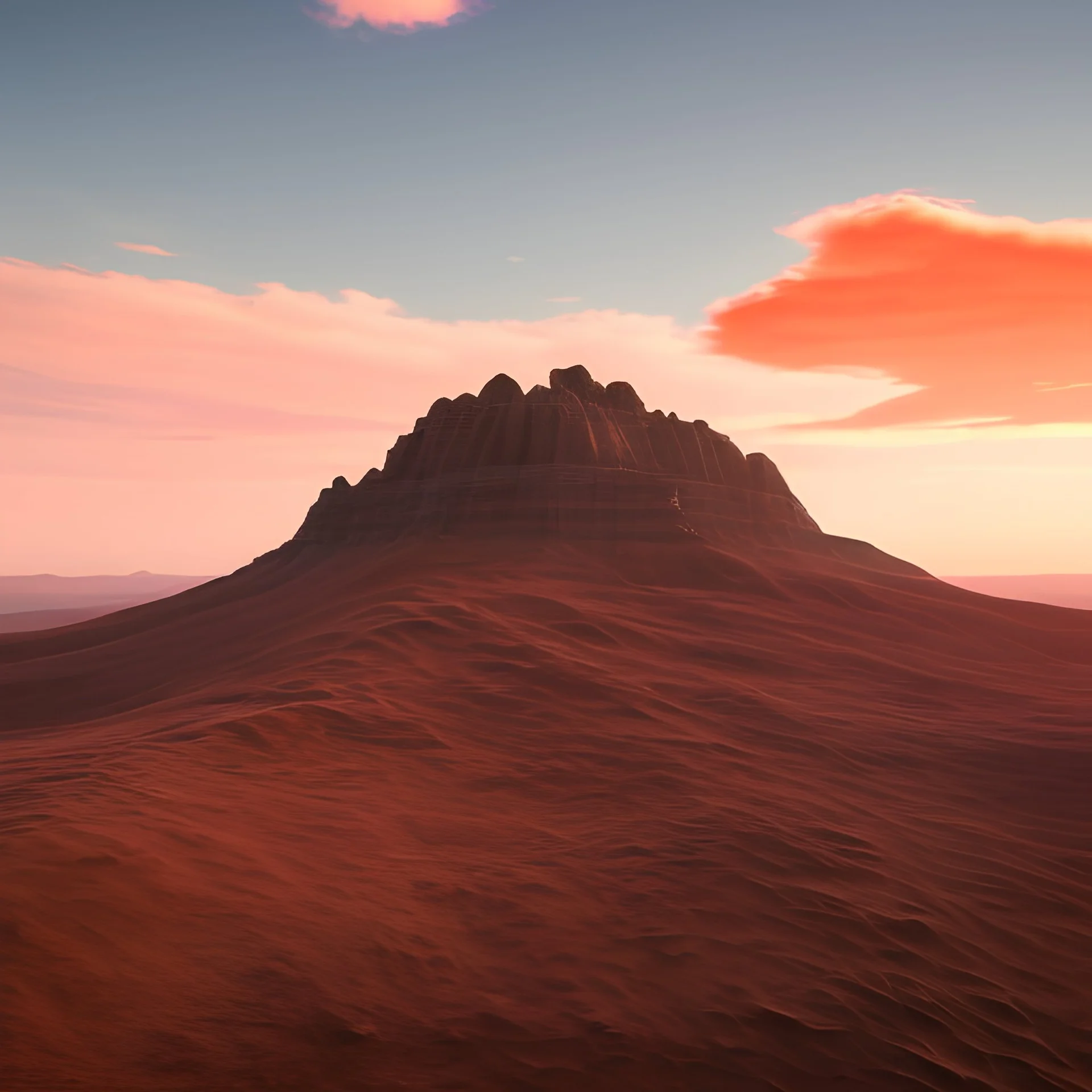 Aerial view of a natural, minimalist high peak amidst moving orange clouds surrounding the summit. In an ethereal dream, you are walking on moving orange clouds. As you walk, a high, minimalist, majestic peak evokes a sense of peace and wonder.