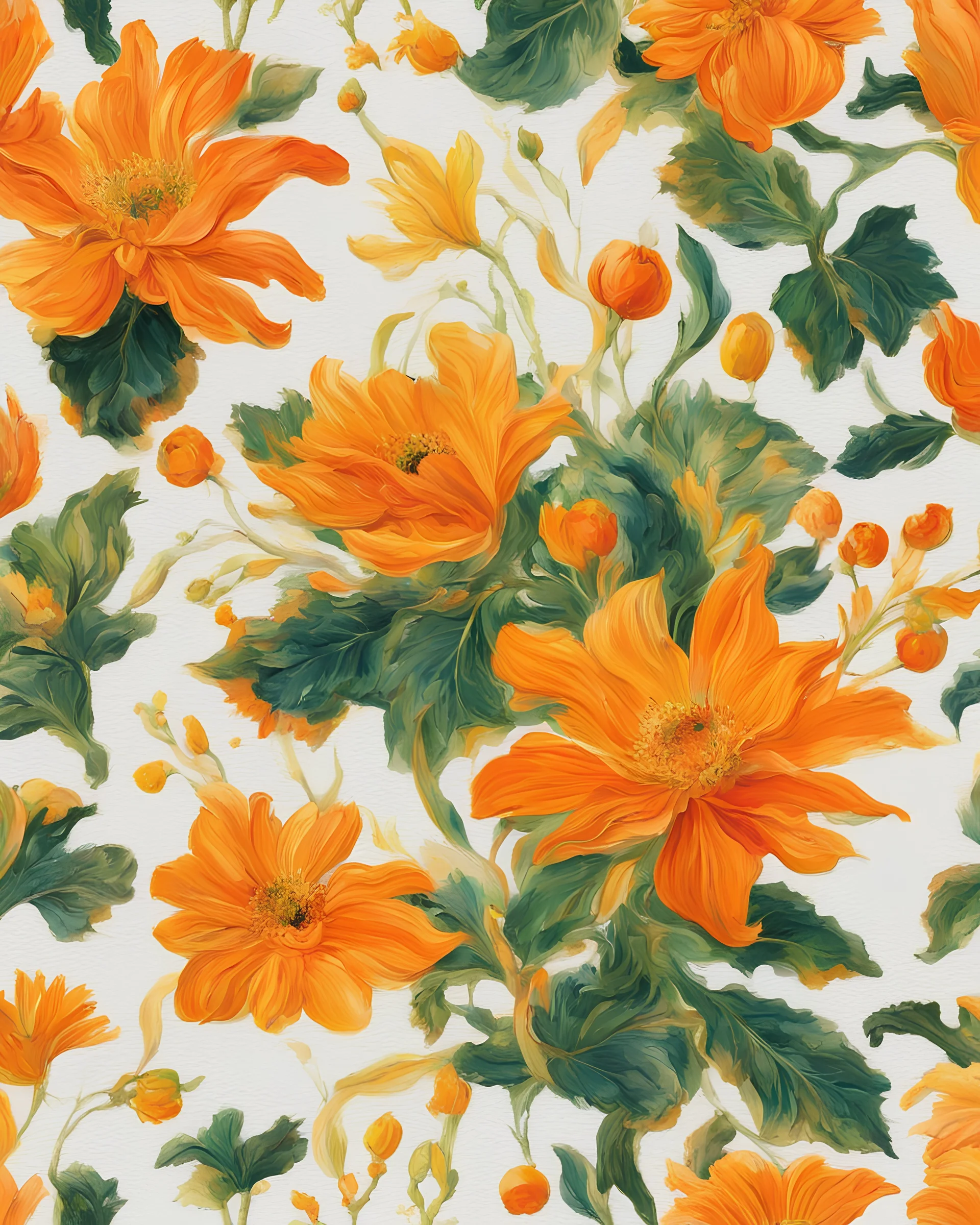 bright orange, yellow and green , gold and orange flower van Gough white background