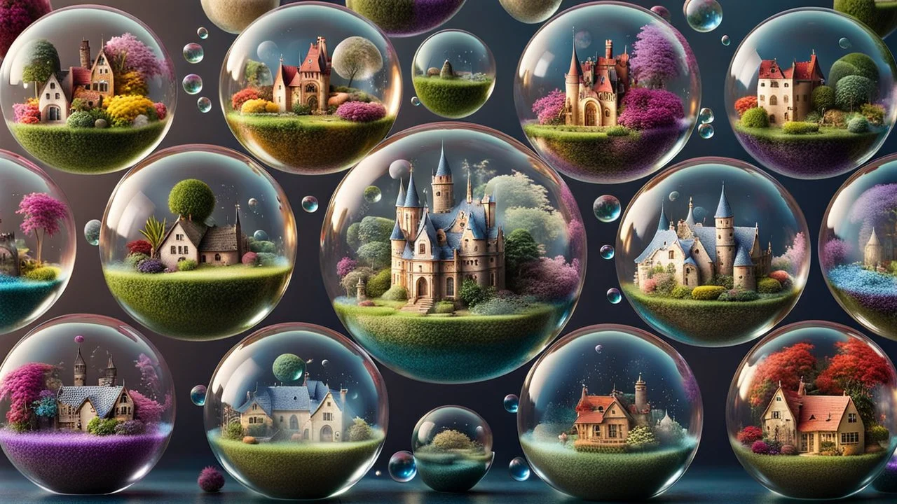 A stunning 3D render of miniature worlds, captured in floating transparent bubbles. Each bubble showcases a unique scene, such as quaint villages, mystic, gardens, tropical island, enchanting castles, alien palnet, or whimsical fairy-tale landscapes. The miniature towns with featuring quaint houses, markets, and charming residents. In the gardens colorful delicate flowers and lush greenery. The castles are majestic and grand, with towers, big gates. Unusual and captivating plants coexist with ma