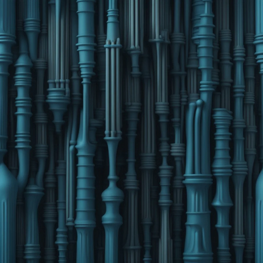 organ pipes which get more and more complex, by Seb McKinnon assisted by George Grie, surreal, meandering pipes, Dark Cyan and Indigo