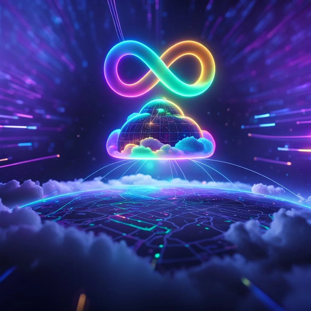 Colourful 3D glowing infinity symbol ∞, hovering above a colourful glowing cloud, network and lights coming from the cloud onto a futuristic map of the globe, inspiring, neon, glowing, friendly, beautiful, octane render, 8k post-production, artstation: award-winning: atmospheric: commanding: fantastical: clarity: 16k: ultra quality: striking: brilliance: liquid medium: stunning colors: amazing depth; lens: f/8, 28mm